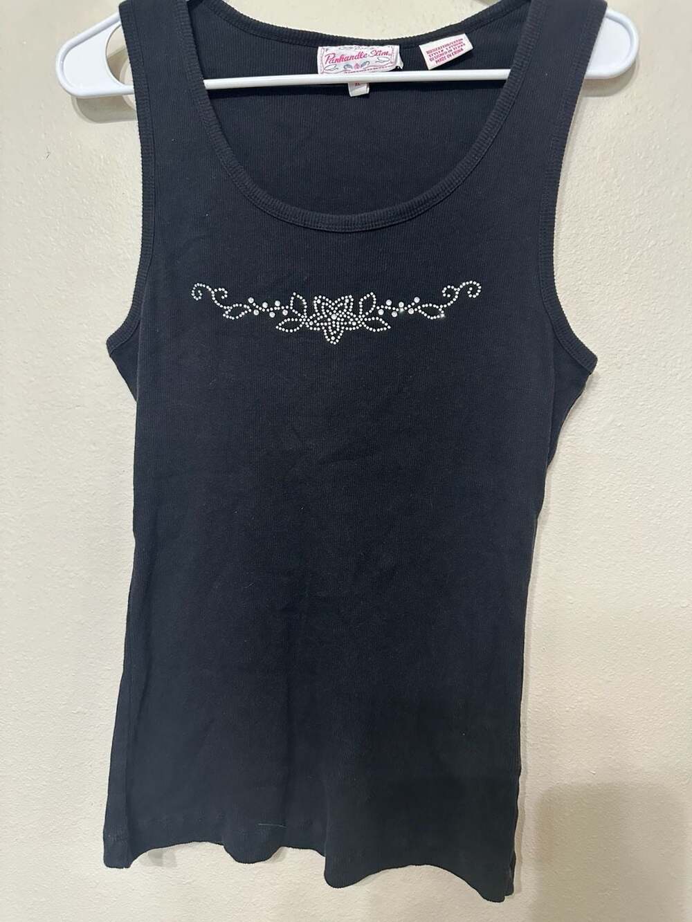 Panhandle Slim Black Ribbed Tank Top with Rhinestone Floral Embellishment